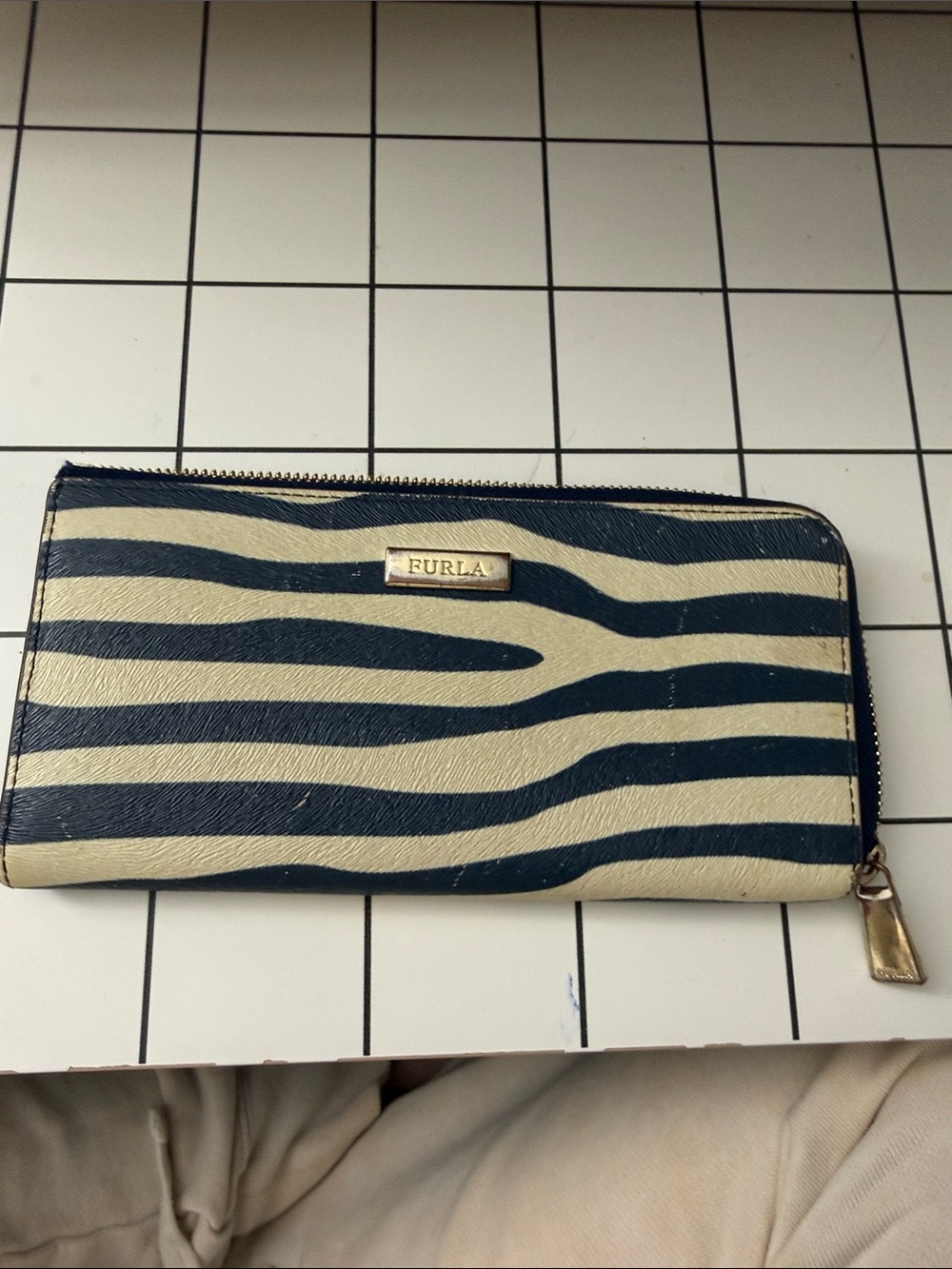 Furla Navy and Cream Zebra-Stripe Zip Wallet